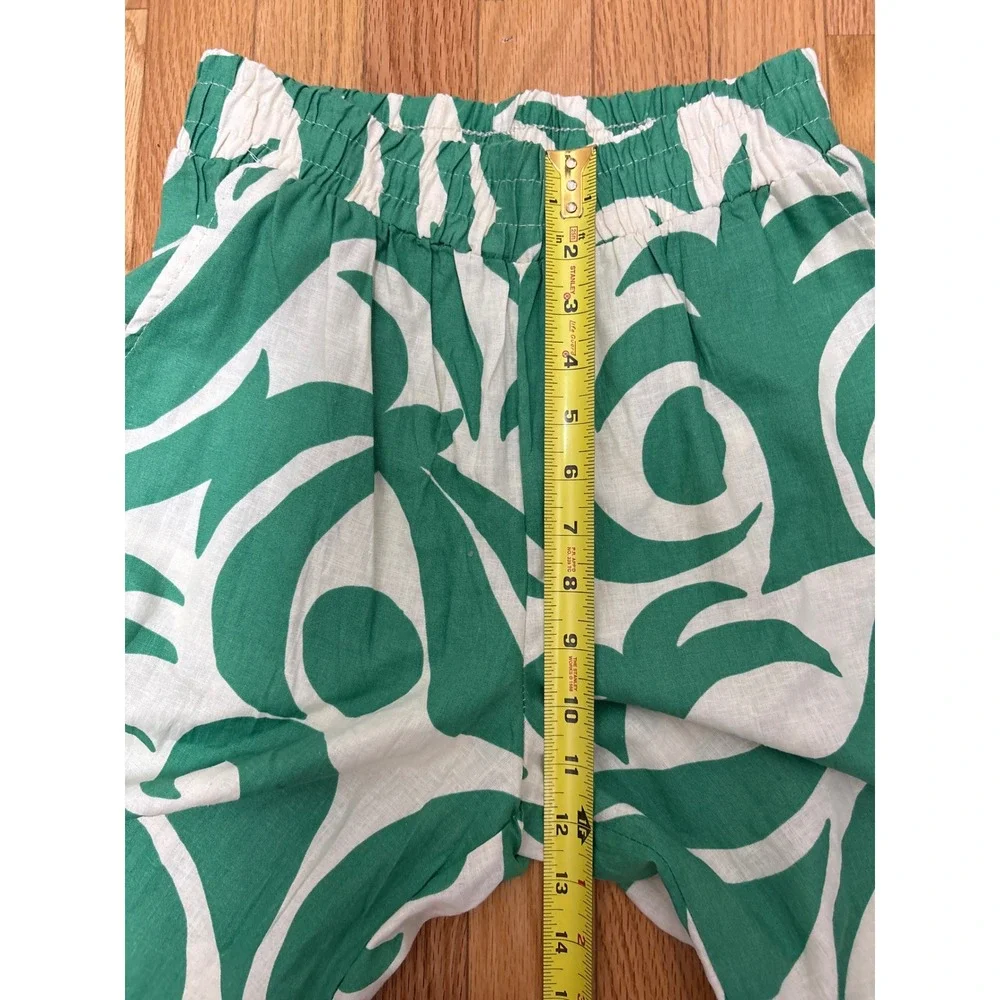 Green & White Abstract Wide Leg Elastic Waistband Lightweight Linen - Size XS